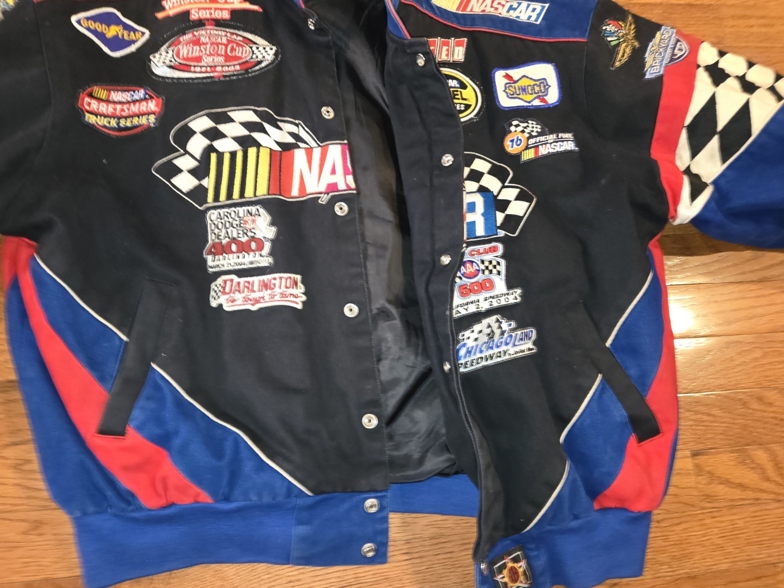 VTG JH DESIGN NASCAR RACING  JACKET CUSTOMIZED MANY PATCHES SIZE XL BLUE BLACK