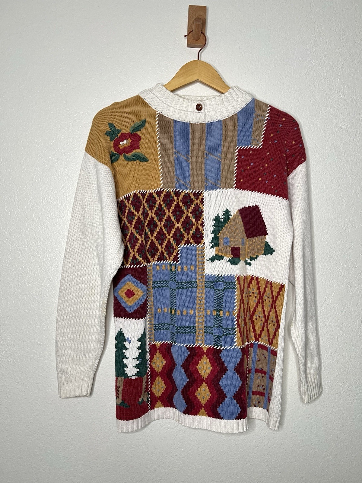 Vintage Cottagcore Winter Scene Patchwork Knit Sw… - image 1