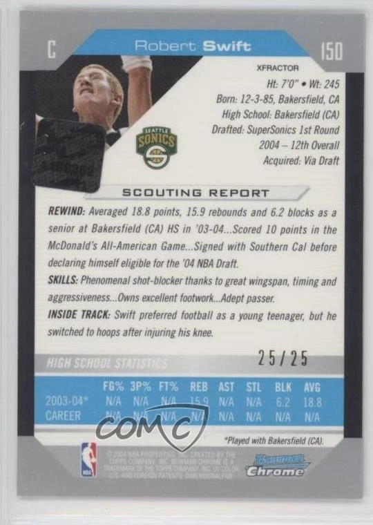 2004-05 Bowman Draft Chrome X-Fractor /25 Robert Swift #150 Rookie Auto RC - Image 2 of 2