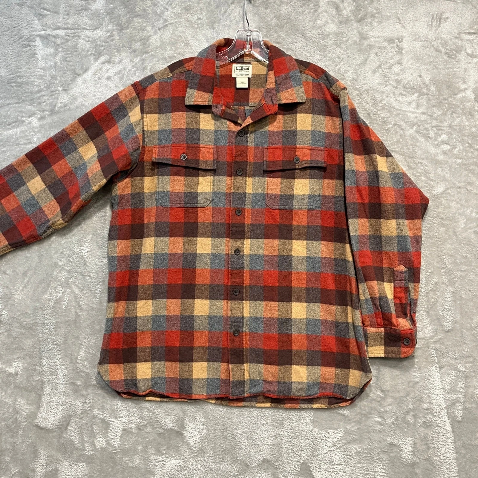 L.L. Bean Flannel Shirt Mens L Red Plaid Traditional Fit Cotton Long Sleeve