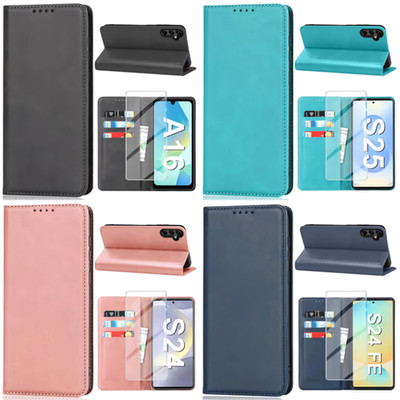 Für Samsung Galaxy Hülle/Geldbörse mit Hartglas Displayschutzfolie. 10 Modelle