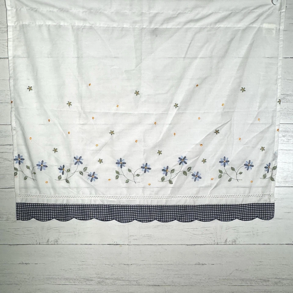 White Embroidered Floral Cafe Curtain Panels Blue Gingham Scalloped Trim Set 2 - Image 2 of 4