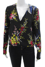 Diane Von Furstenberg, Women Silk Black Floral V-Neck Blouse Button-Up Size 4