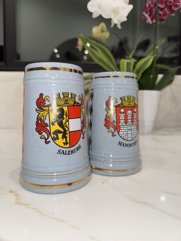 2 Stoneware Beer Steins Blue City Crests Hamburg & Salzburg from West Germany