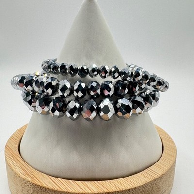 3pc Set Faceted Silver Hematite Beaded Stretch Bracelets Metallic Gray Stack