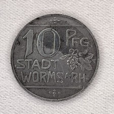 1918 10 Pfennig Worms Notgeld German Coin.  Funck #613.2