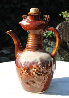 Victorian Ewer Vessel Brown Glazed Pottery Foo Dogs Fish Rooster Head