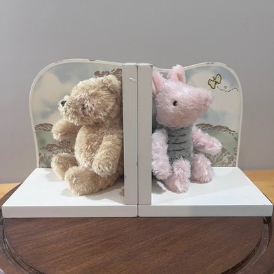 Disney Winnie the Pooh & Piglet Plush Wood Bookends Nursery Decor Set Vtg Style