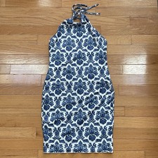 SHEIN White Blue Damask Mediterranean Print Halter Bodycon Mini Dress Women Sz 2