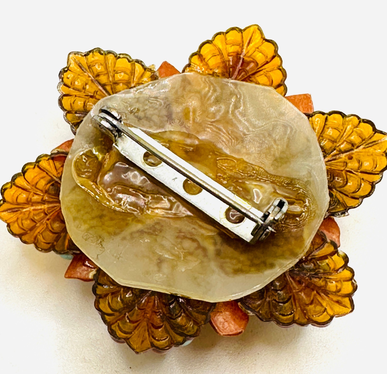 Antique Handmade Dimensional Seashell Orange Gold… - image 7