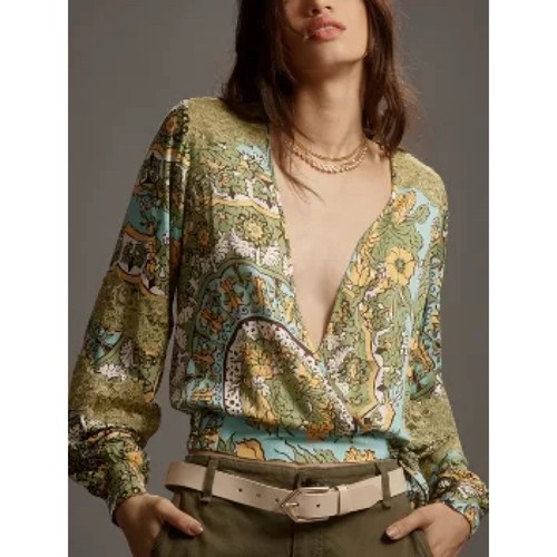 Anthropologie Tiny Wrap Top Women’s Small S V-Neck Long-Sleeve Green Floral NWT