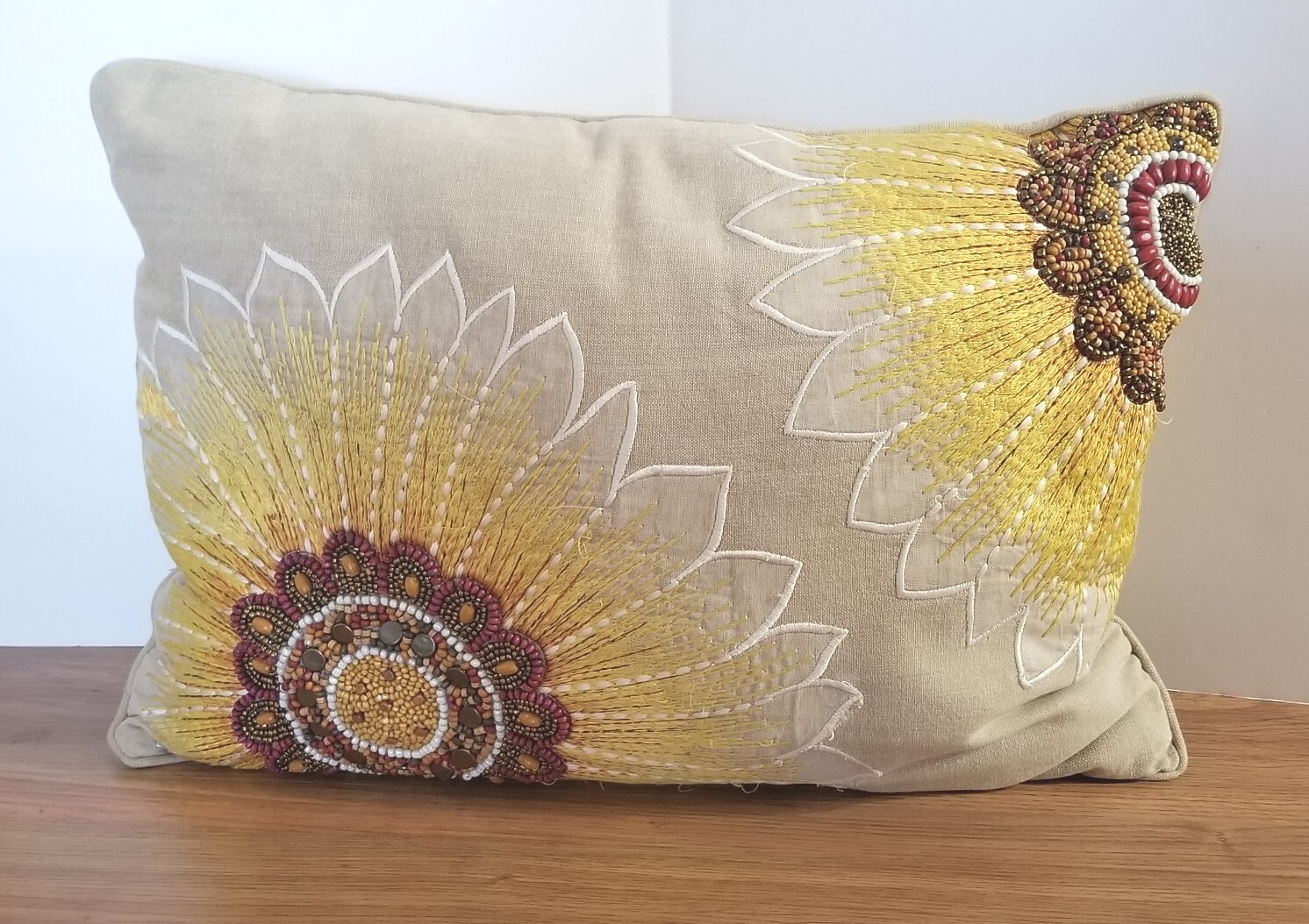 Pier 1 Sunflower Beaded Embroidered Decorative Throw Pillow 19" X 14" Zippered eBay