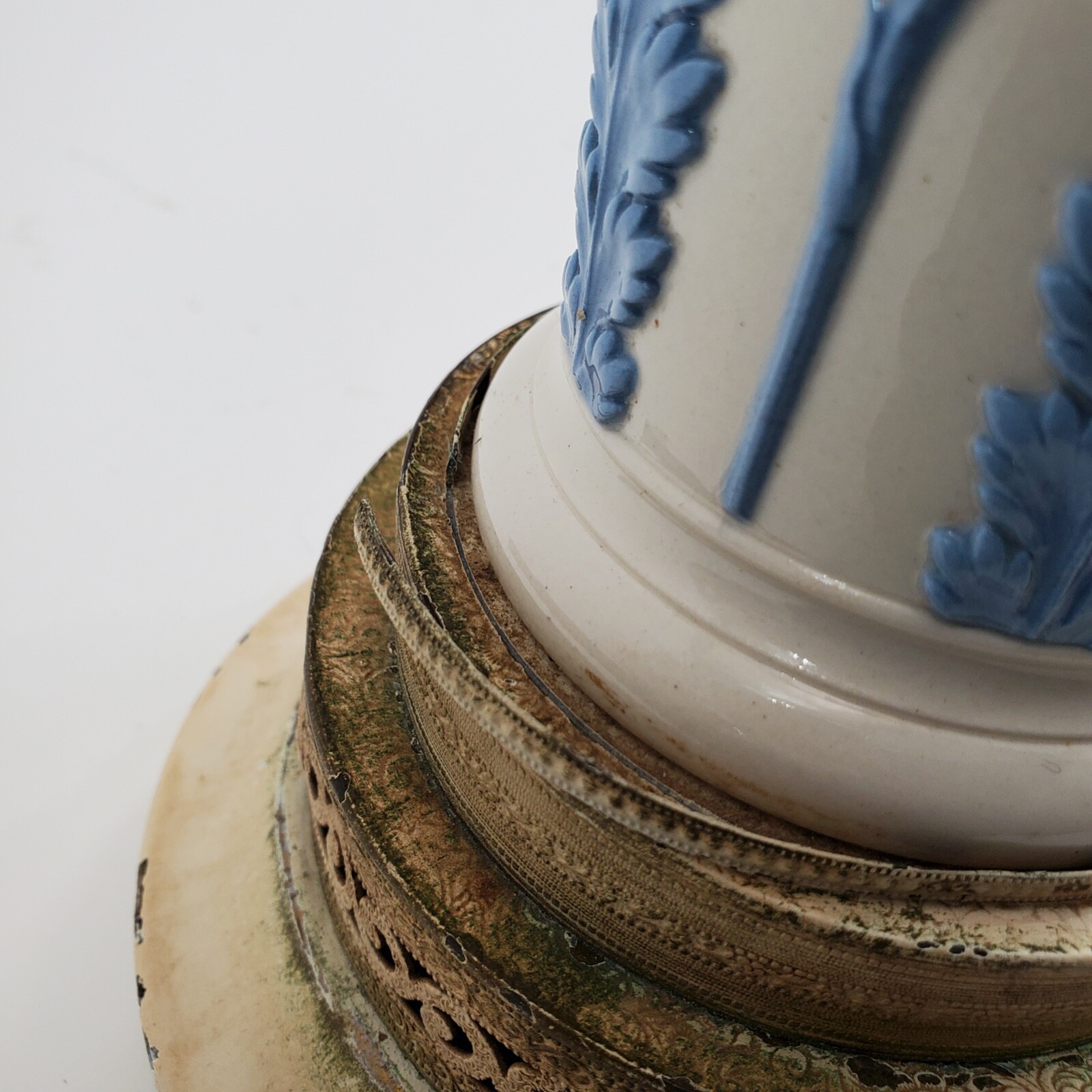 Antique Wedgwood Queensware Lamp w/Embossed Pale Blue Detail No Harp