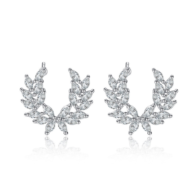 18k White Gold 925 Silver Post Cubic Zirconia CZ Branch Leaf Stud Earrings PE373