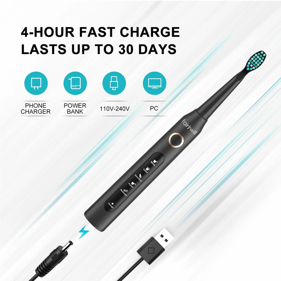 Cepillo de dientes eléctrico sónico Fairywill USB recargable con cabezales de cepillo 5 modos Foto 4 de 4
