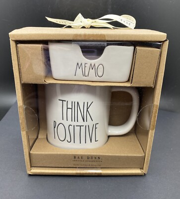 Rae Dunn THINK POSITIVE MEMO Gift Set Mug And Note Holder