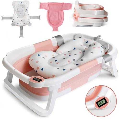 Collapsible Baby Bathtub Shower Bath Tub with Thermometer & Cushion & Bath Net - Picture 1 of 8