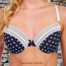 NEW Laura Ashley Bra T-Shirt 34C 36C Navy Blue Floral Lace Geometric UW 5198-22