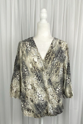 Apt 9 Women's Sz M Beige Black Snake Print Cold Shoulder Faux Wrap Blouse