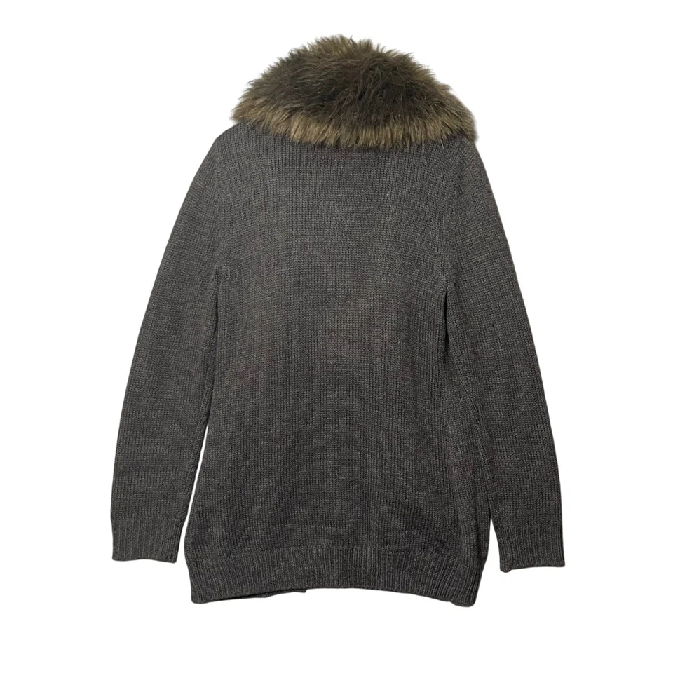 IVANKA TRUMP 女式炭灰色针织开衫人造毛皮领披肩毛衣 L — 第 2/4 张图片