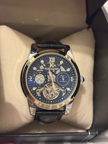 Aokulasic Automatic Skeleton Men's Watch Blue/Gold Dial Black Leather Box