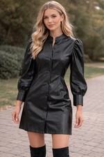 GAP Faux Leather Puff Sleeve Shirtdress Size Small Black Button Front Dress