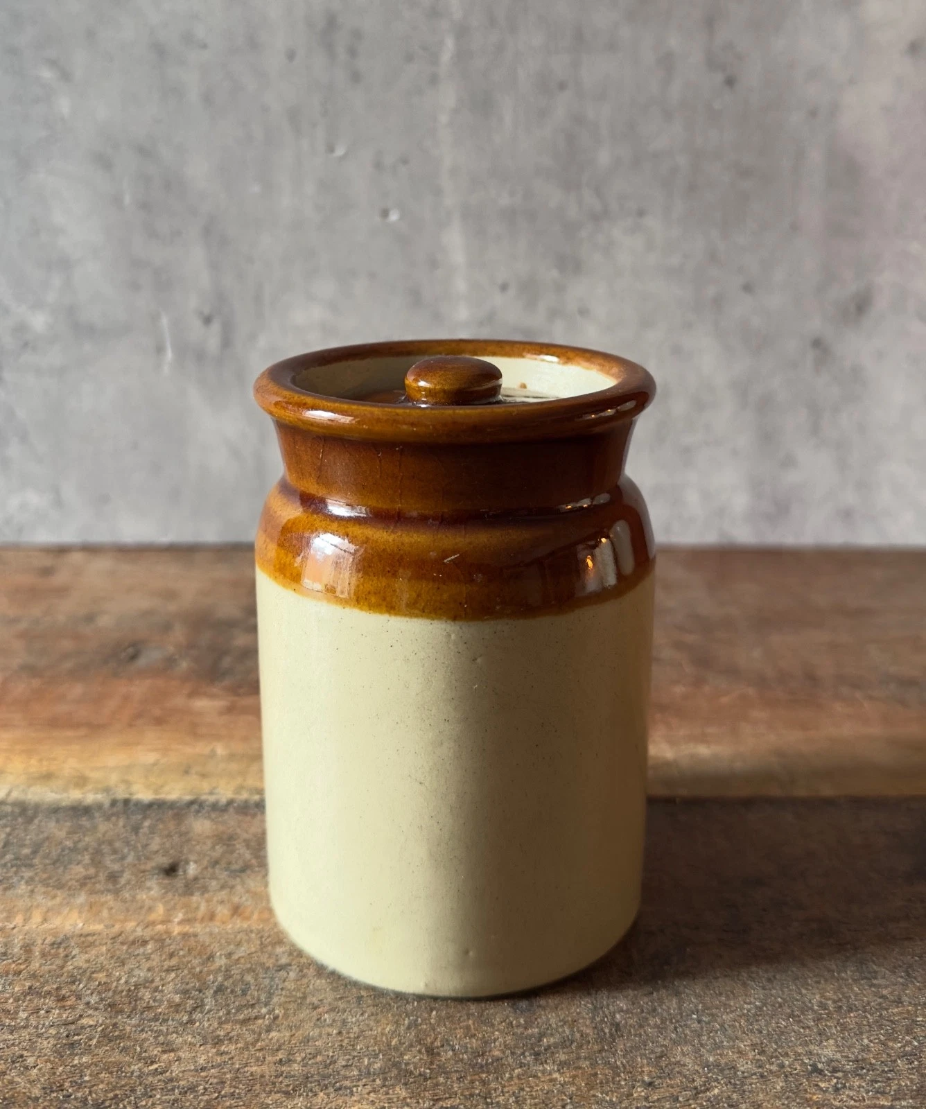 Vintage English Stoneware Preserve Jar With Lid Brown Cream Kitchen Pot
Opens in a new window or tab