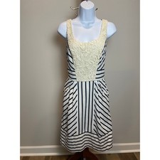 Maeve Size 10 Navy & White Striped Sleeveless Cotton Dress Lace Front Detail