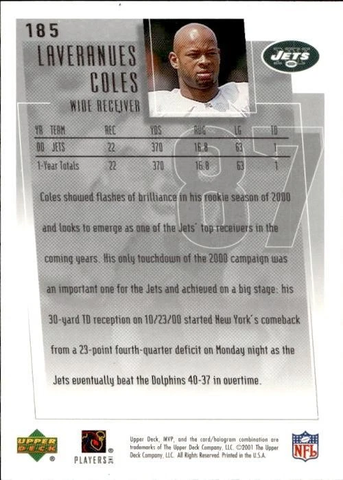 Laveranues Coles 2001 Upper Deck #185 New York Jets - Image 2 of 2