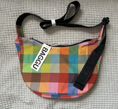 NWT BAGGU Medium Nylon Crescent Bag in MADRAS Print UO Exclusive RARE