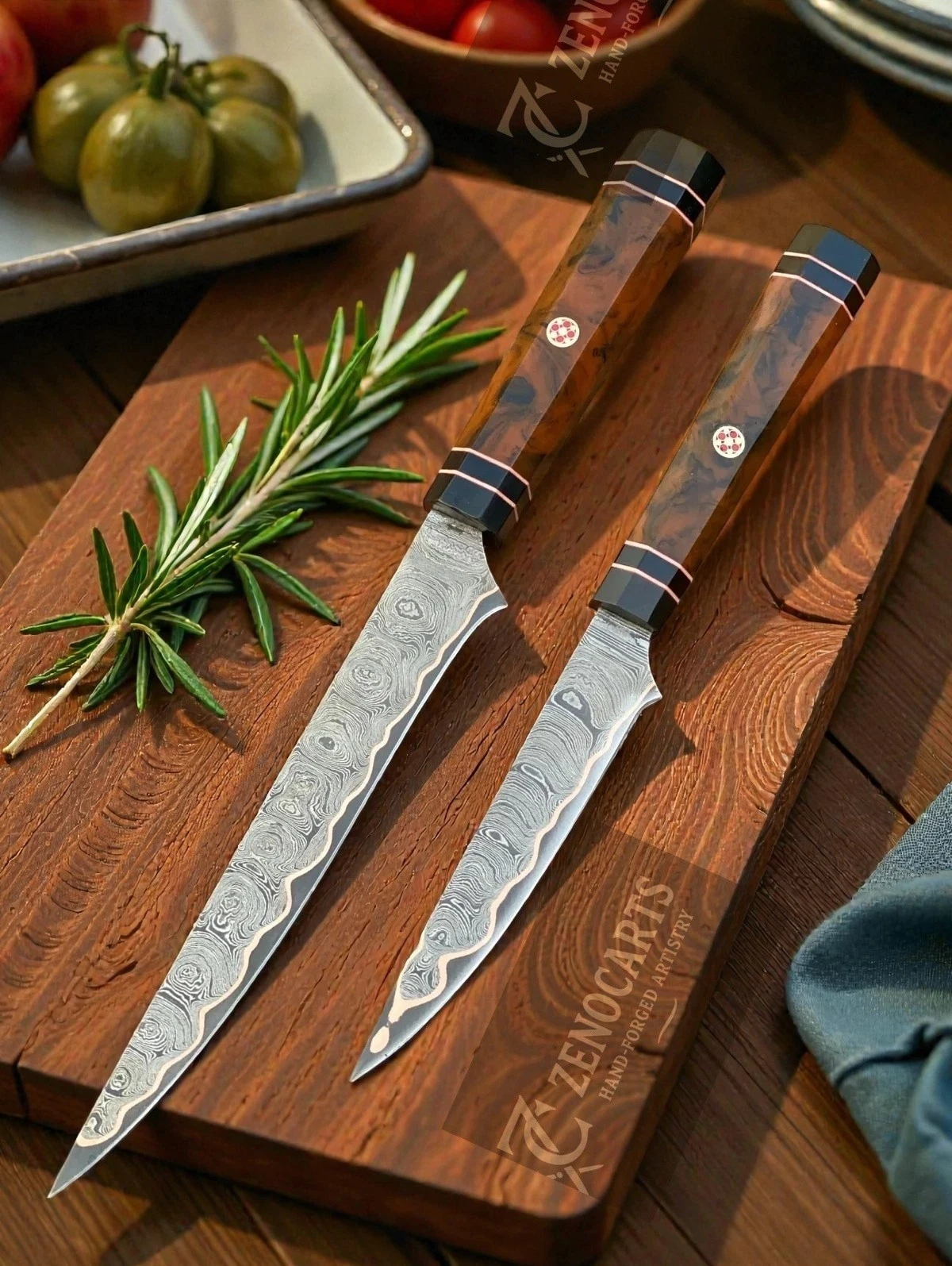 2 Fillet Copper Blade Knives, Copper Damascus Chef Knife, Handmade Kitchen Knife