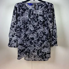 Apt. 9 Womens Blouse Black White Paisley Back Keyhole Lined Tulip Hem Stretch S