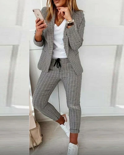 Conjunto de traje para mujer elegante trabajo de negocios 2 piezas trajes frente abierto blazer y pantalones - Imagen 7 de 14