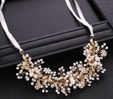Bridal Bridesmaid Wedding Hair Gold Hair Vine Tiara Crystals Pearls Flower Leaf