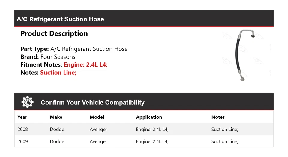 Manguera de succión de refrigerante aire acondicionado 2,4 L L4 2008-2009 Dodge Avenger 4 estaciones Foto 2 de 4