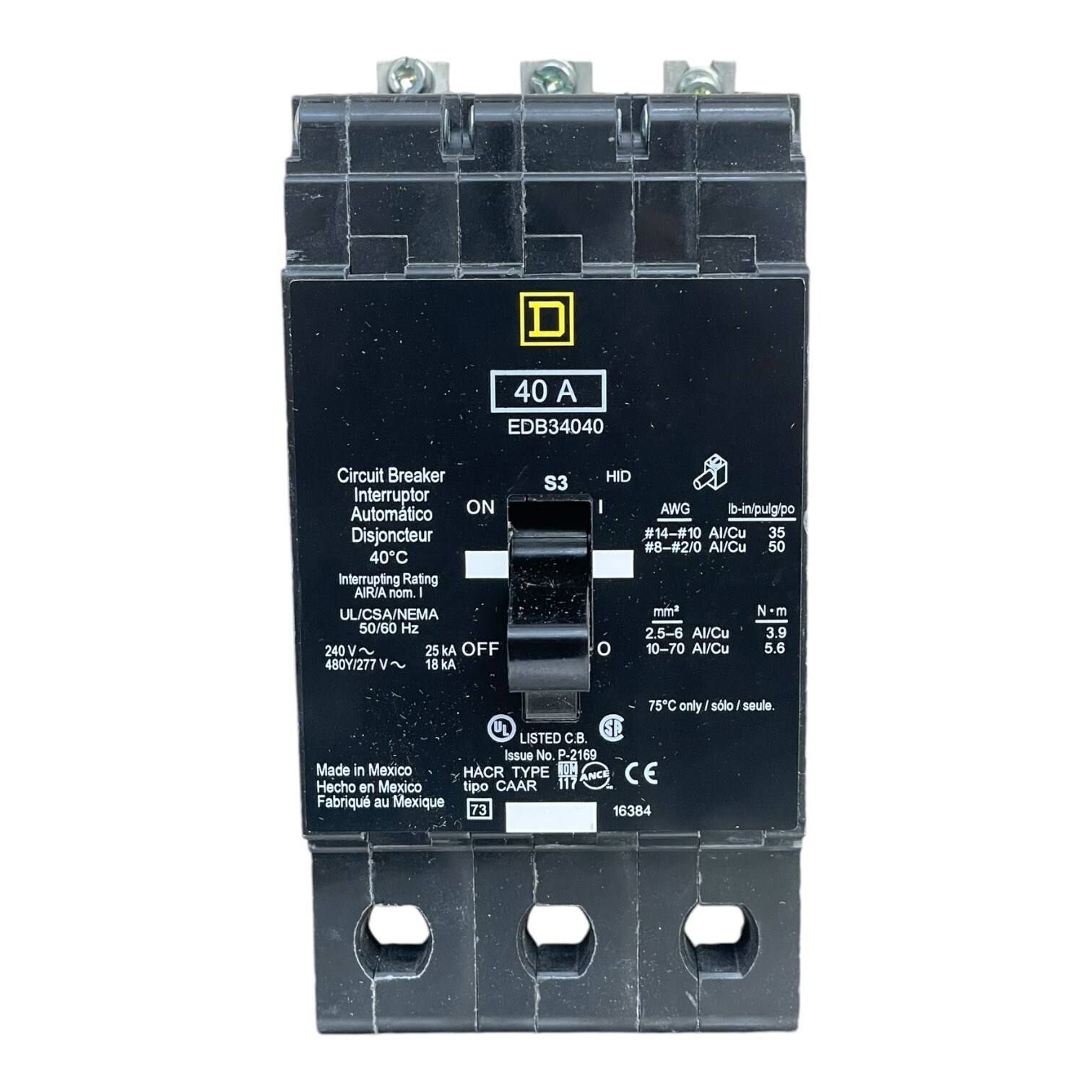 NO BOX - SQUARE D EDB CIRCUIT BREAKER EDB34040 40AMP 480VOLT 3POLE