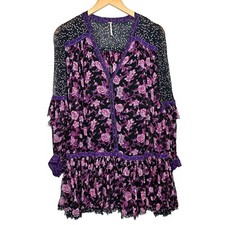 Free People Women Rosebud Mini Tunic Dress/Top Sz XS Purple Floral Lined Frayed