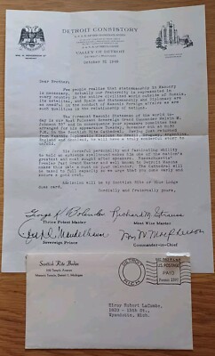 1949 Masonic Letter from Scottish Rite Bodies Detroit Consistory - Freemasons