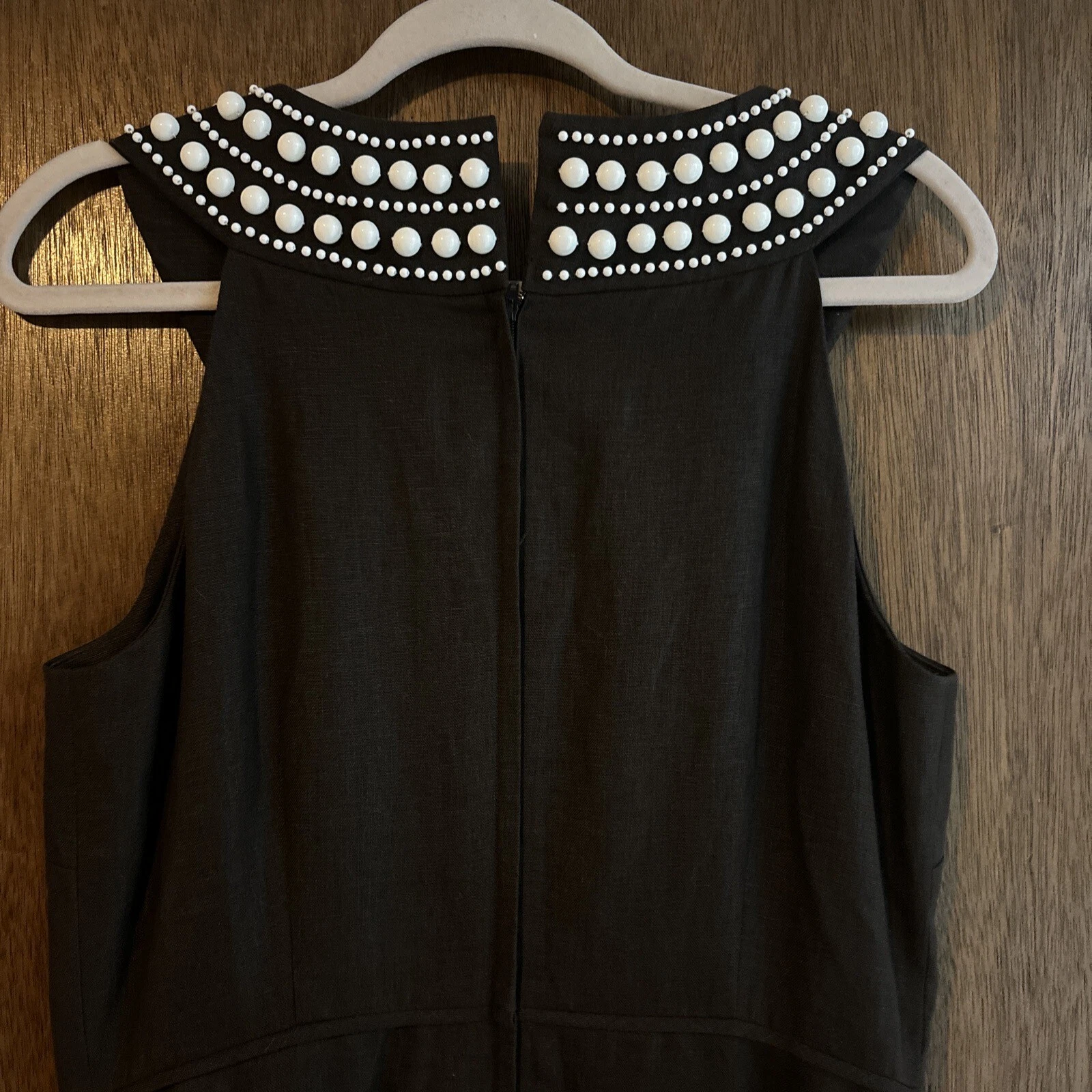 Abito vintage kate spade donna senza maniche marrone lino dettagli perle bianche taglia 10