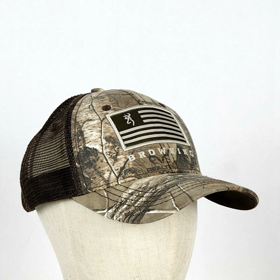 Browning RealTree Camo w/Brown Mesh &  Flag on Front Snapback Hat - Image 4 of 4