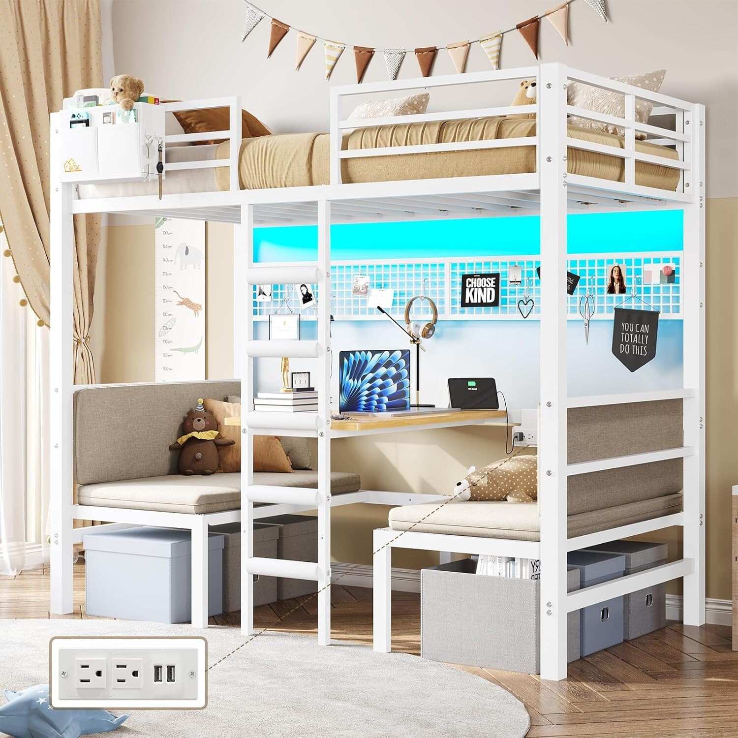 Metal Bunk Bed Twin Over Twin Size with Desk Seat Led Lights