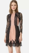 Alice Olivia Kaylen Mini Dress Lace Sleeve Silk Pleated US 2 S $595 Red Carpet