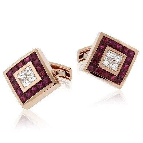 2Ct Princess Lab-Created Ruby Men's Charming Cufflinks 14k Yellow Gold Plated - Picture 4 of 4