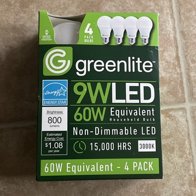 Greenlite LED 4 Pack 9W 60W Equivalent Light Bulbs 3000K A19