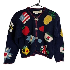 Vtg 1990 The Eagles Eye Cropped Cardigan Sweater Womens M Blue School USA Fruit