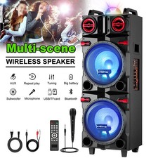 New Bluetooth Dual 10'' Speaker 80W Peak Subwoofer LED Mic FM USB Party Karaoke