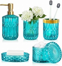 Teal Blue Bathroom Accessories Set, 5Pcs Clear Glass Bathroom Set, Hand Soap