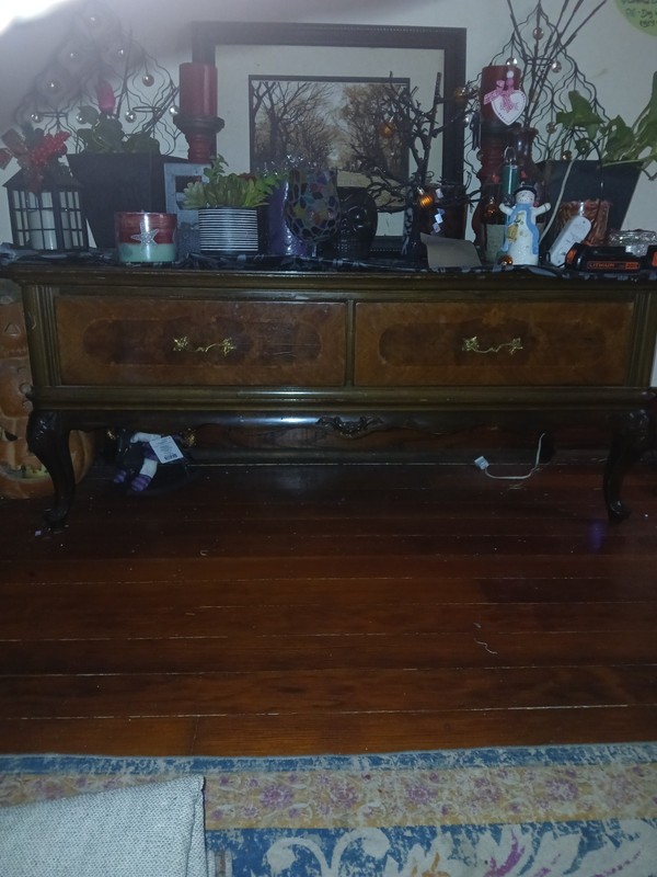 Brown Wood Sideboard/Buffet Cabinet w/ 2 Drawers, Carvings & Pull Handles