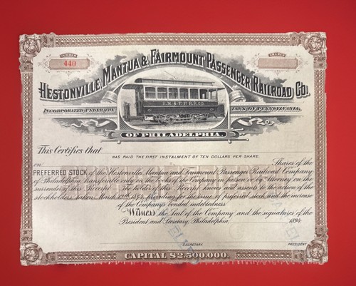 1894 Hestonville Mantua & Fairmount Passenger Railroad Stock Unissued Philly PA