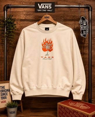 Vans Resort Club Crewneck Sweatshirt Wmn Small Palm Tree Flame Embroidered Beige